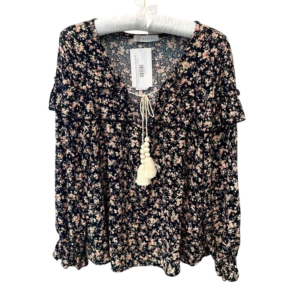 CY FASHION Black Calico Floral Peasant Blouse Ruffle Trim Boho Cottagecore Small